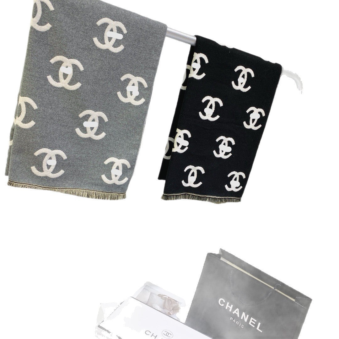 Imitation cashmere scarf women's double C with correct letters and label, shawl with label, warm scarf for women, cross-border wholesale with a light luxury and high-end feel