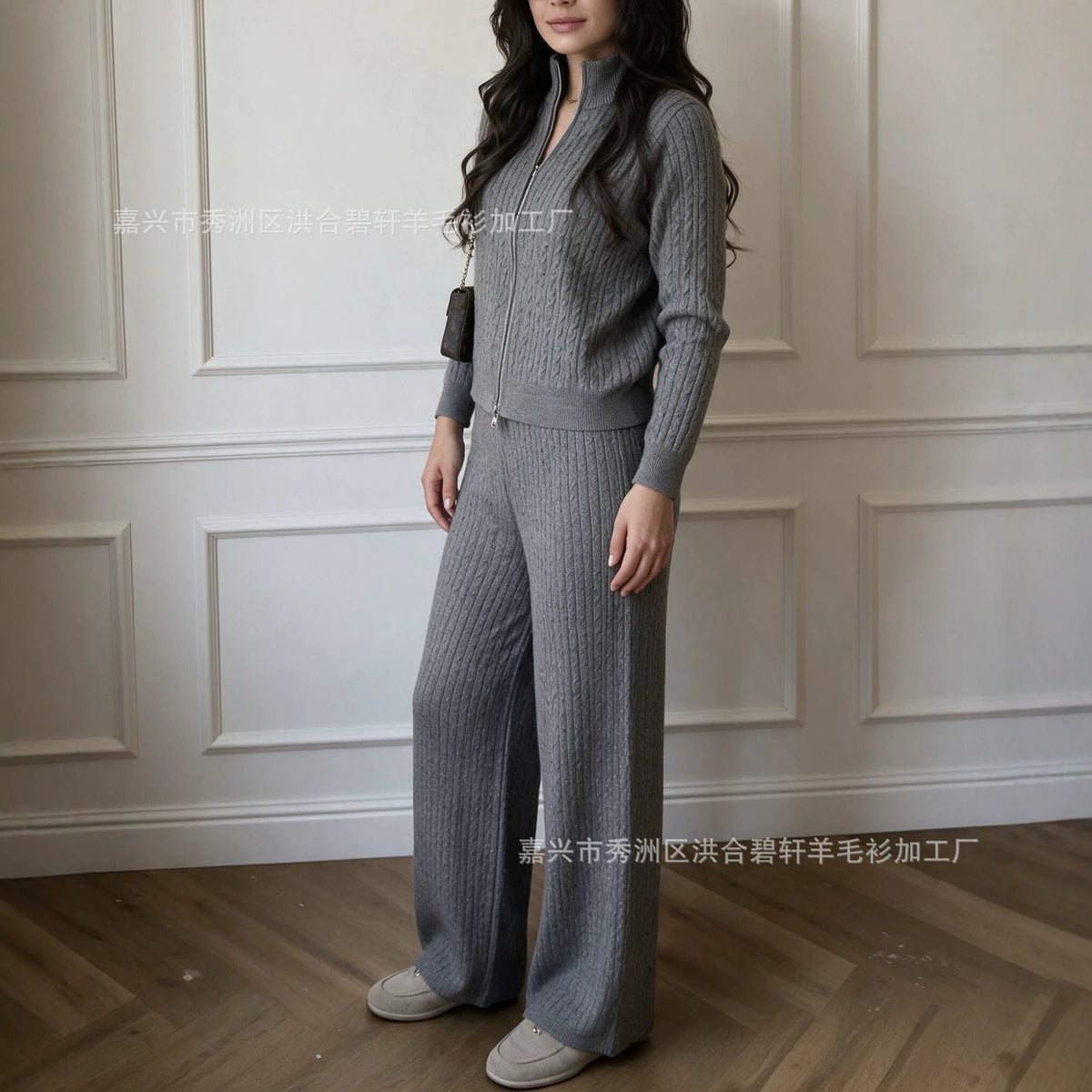 Knitted Two-Piece Outfit: Cross-border braided zipper cardigan + pants two-piece set for women