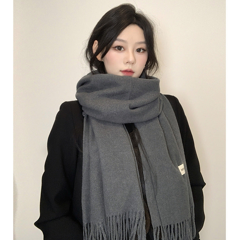 Gray high-end scarf women's autumn and winter new solid color versatile imitation cashmere shawl dual-purpose warm scarf thick men