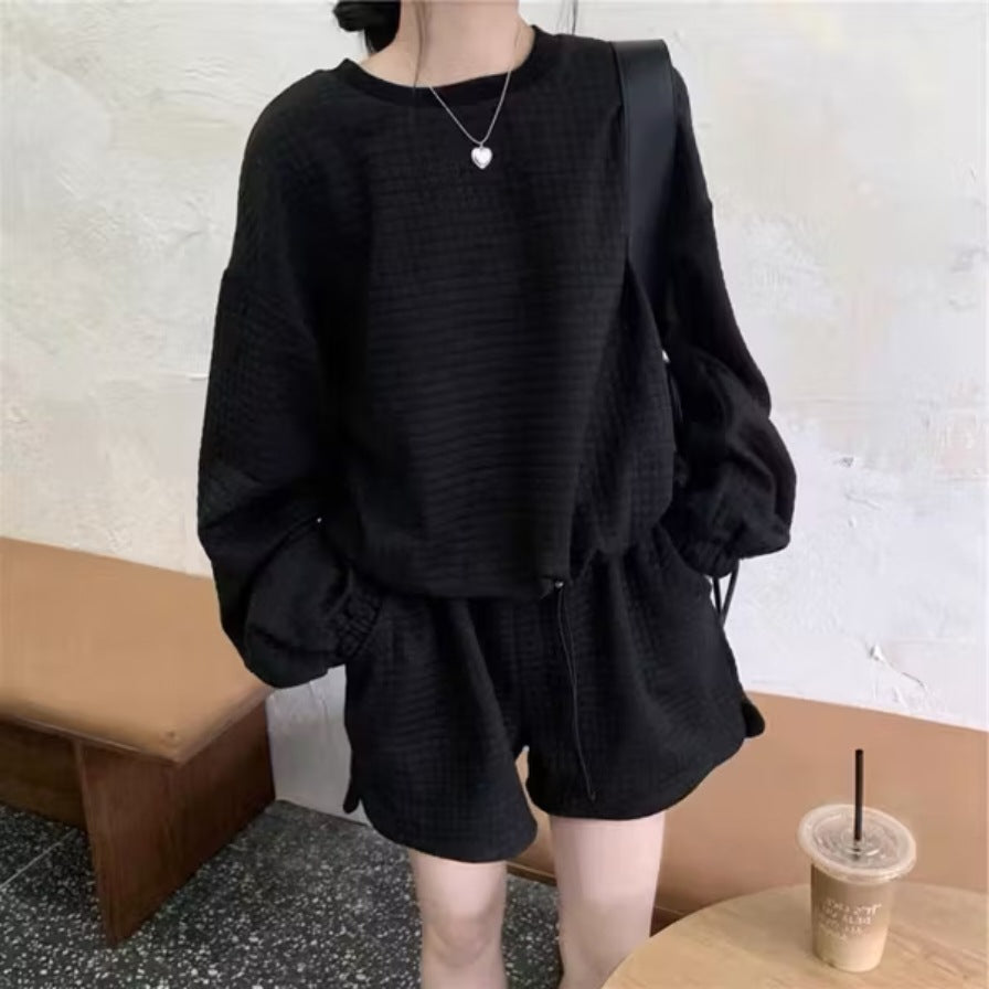 Japanese and Korean Lazy Style Long Sleeve and Shorts Set, Women's 2025 Autumn/Winter New Loose Plus Size Drawstring Sweatshirt Two-Piece Set