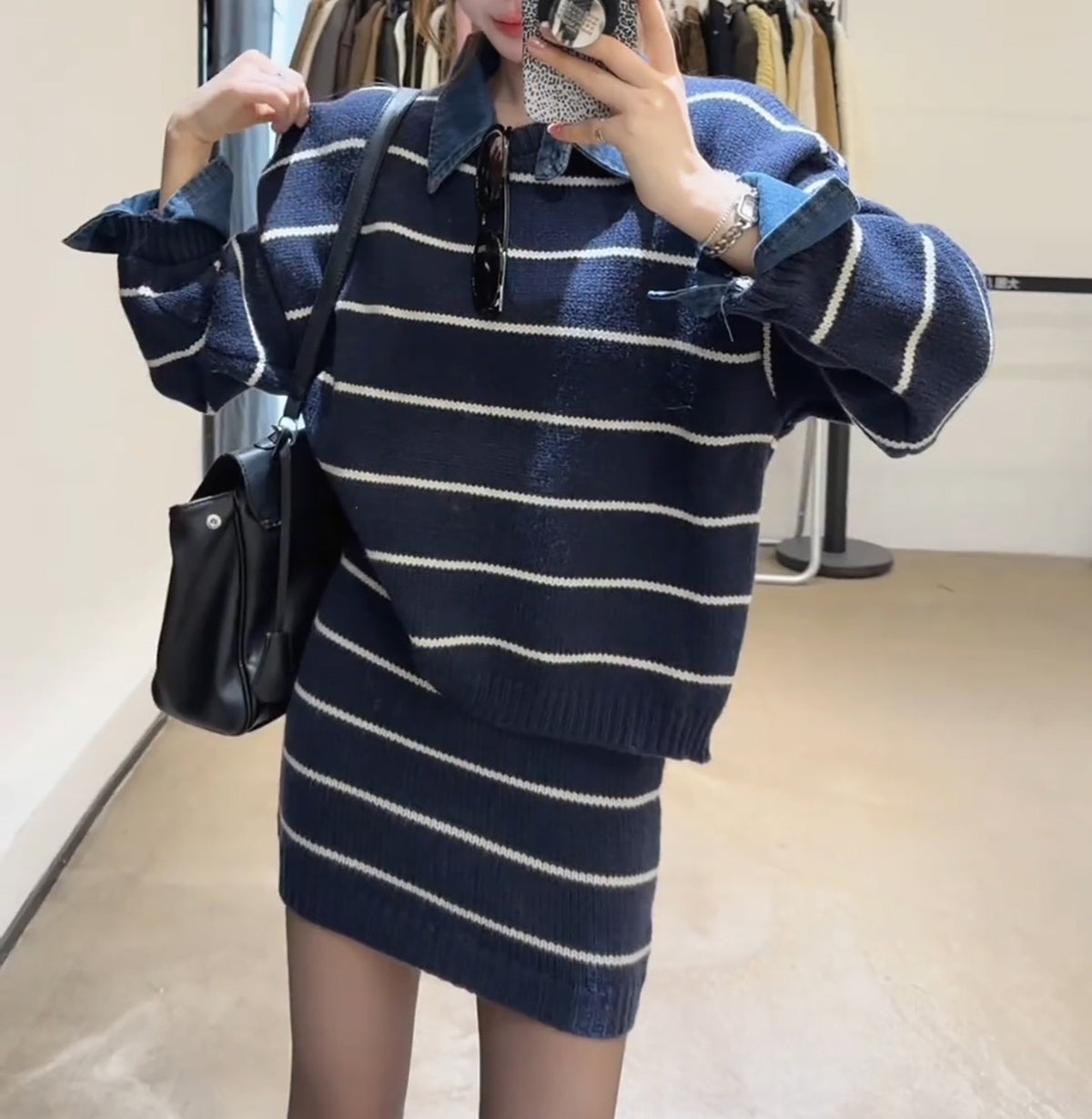 Denim lapel faux two-piece striped knit set, women's short loose sweater, high-waisted short skirt two-piece set