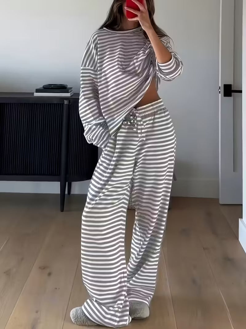 Amazon European and American women's hot-selling 2026 autumn striped long-sleeve tops, high-waisted pants, women's fashion casual sets