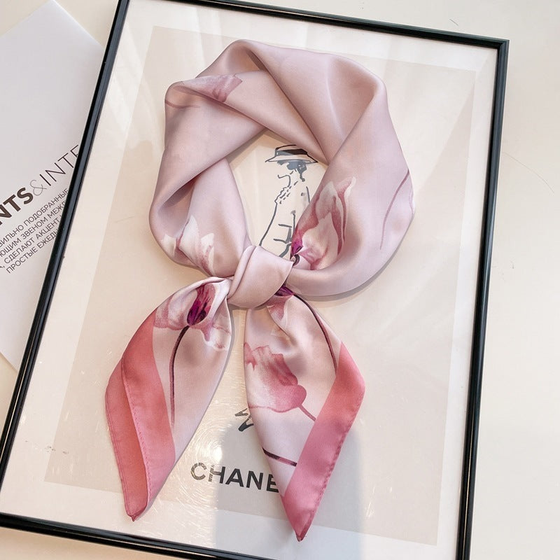 Small square scarf, Chinese style camellia spring and autumn silk scarf for women, Korean style versatile elegant imitation silk scarf, neckscarf tie, bag, and hair tie