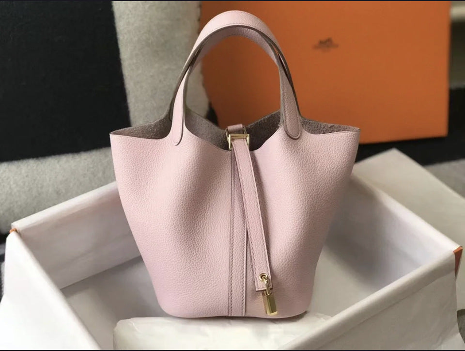 High version full set of packaging, first layer cowhide vegetable basket bag, fashionable and versatile bucket bag, leather simple handbag, women
