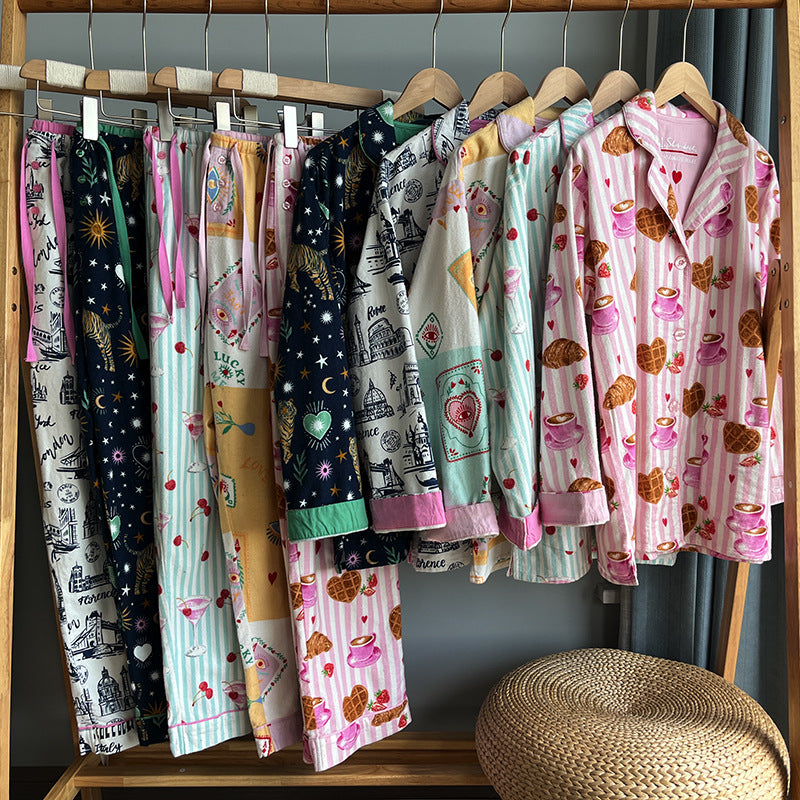 Strong push ~ foreign trade light luxury pjs pajamas spring and autumn sanded cotton pajamas women's long sleeves and pants loungewear pajama sets
