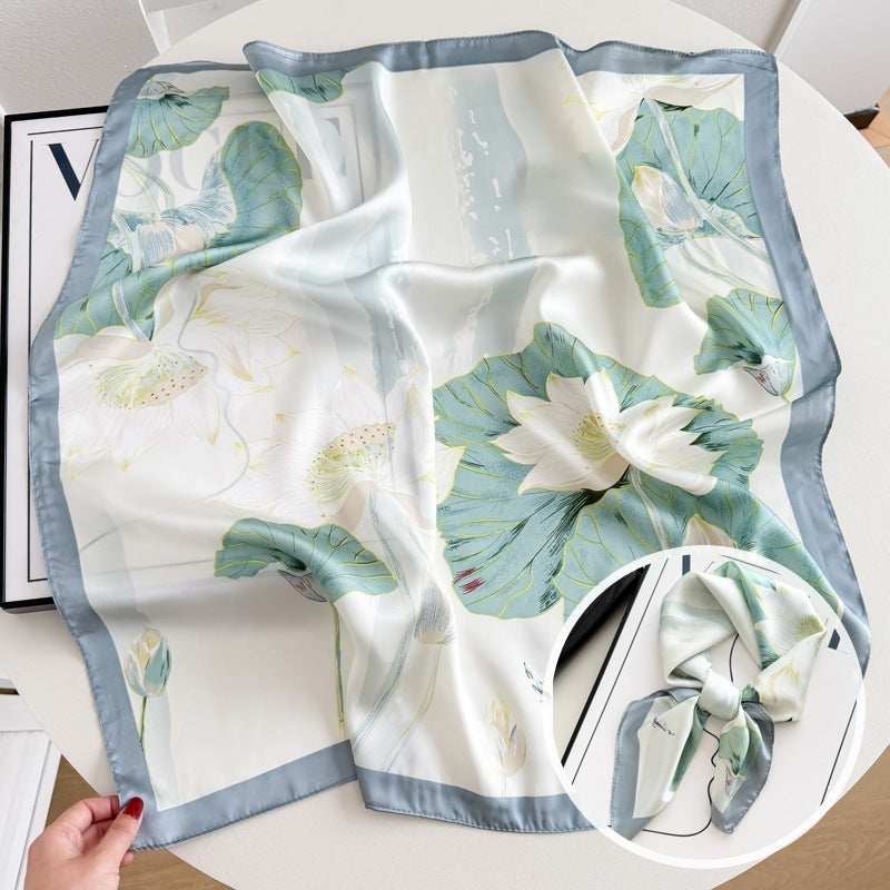 Small square scarf, Chinese style camellia spring and autumn silk scarf for women, Korean style versatile elegant imitation silk scarf, neckscarf tie, bag, and hair tie