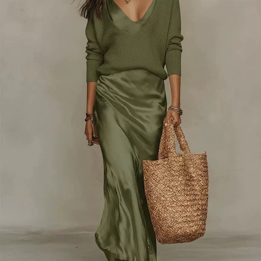 Amazon Europe & America Independent Site 2026 New Women's Knit Top, Satin Dress, Elegant Commuter Two-Piece Set