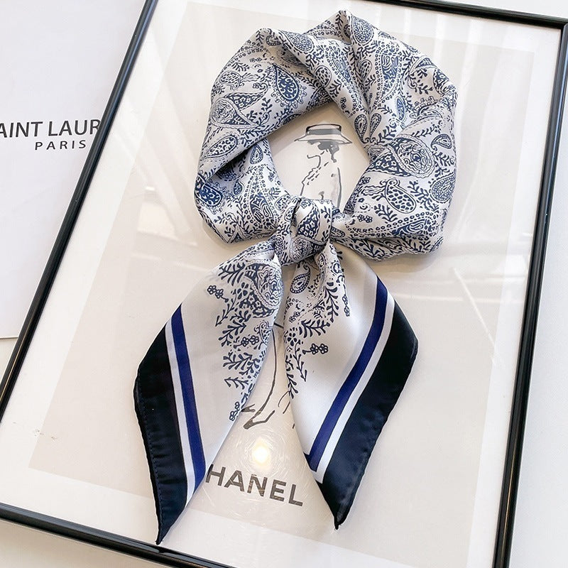 Small square scarf, Chinese style camellia spring and autumn silk scarf for women, Korean style versatile elegant imitation silk scarf, neckscarf tie, bag, and hair tie
