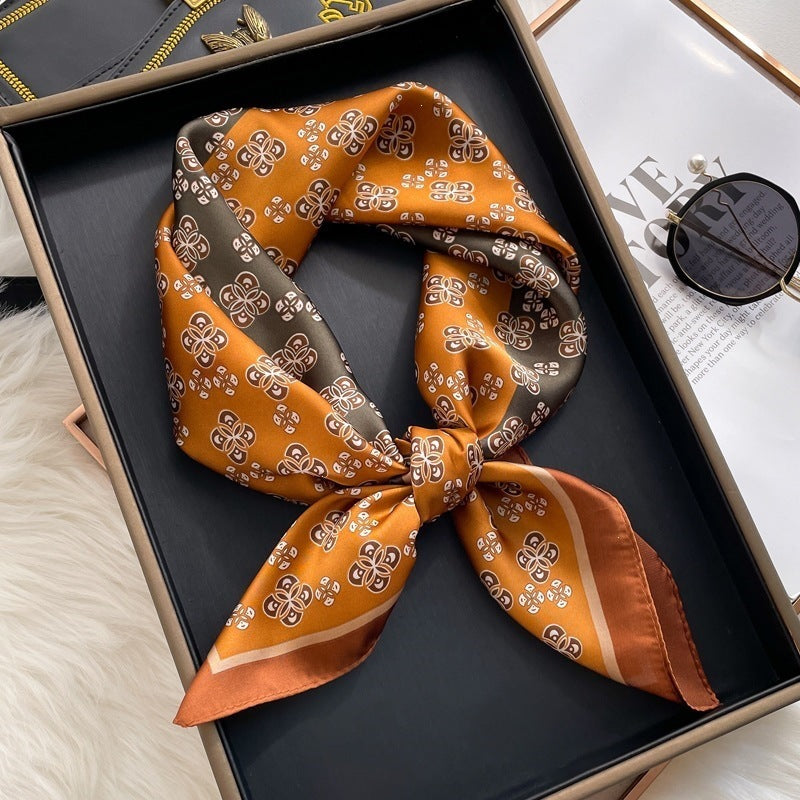Small square scarf, Chinese style camellia spring and autumn silk scarf for women, Korean style versatile elegant imitation silk scarf, neckscarf tie, bag, and hair tie