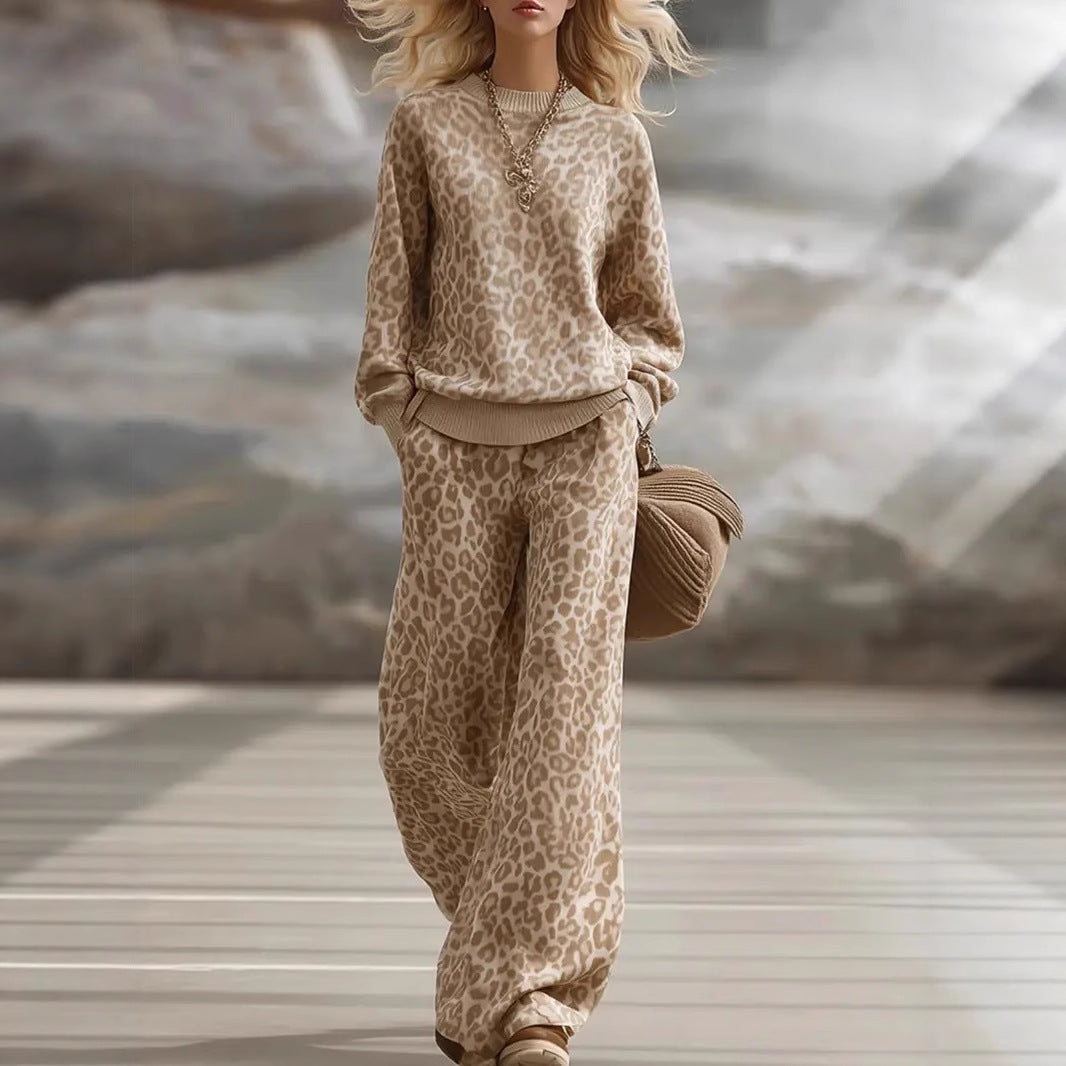 Fall/Winter 2025 Europe, America, Amazon cross-border light brown leopard print suit, long-sleeved slim sweatshirt, retro slacks, women