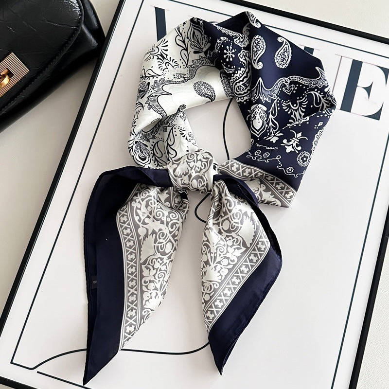 Small square scarf, Chinese style camellia spring and autumn silk scarf for women, Korean style versatile elegant imitation silk scarf, neckscarf tie, bag, and hair tie