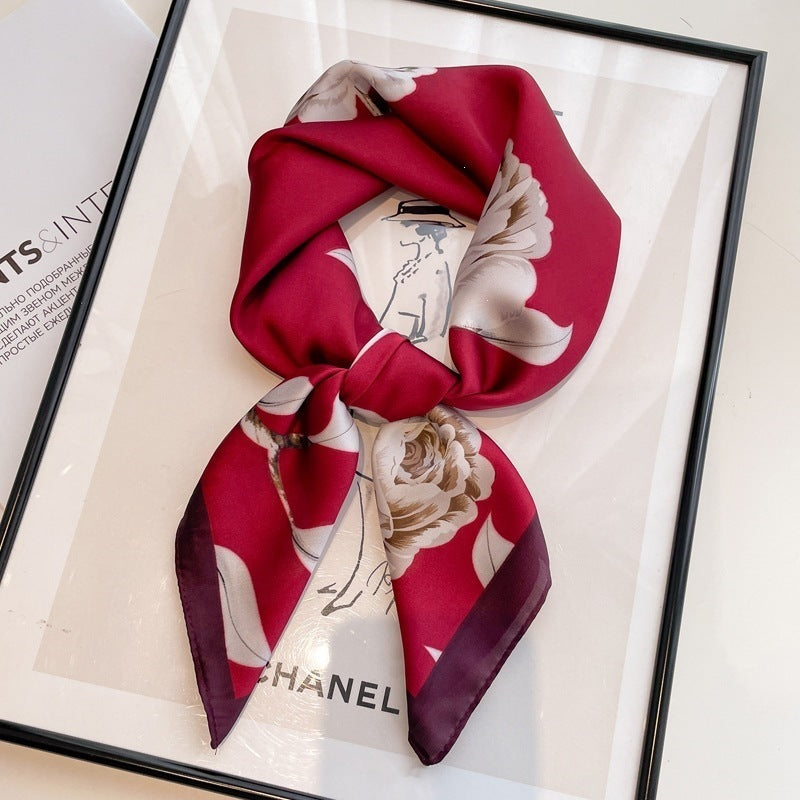 Small square scarf, Chinese style camellia spring and autumn silk scarf for women, Korean style versatile elegant imitation silk scarf, neckscarf tie, bag, and hair tie