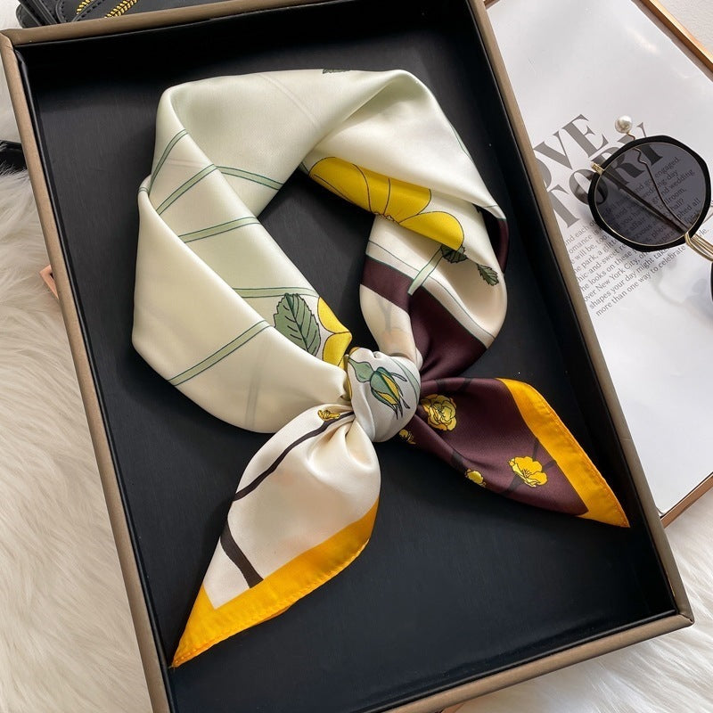Small square scarf, Chinese style camellia spring and autumn silk scarf for women, Korean style versatile elegant imitation silk scarf, neckscarf tie, bag, and hair tie