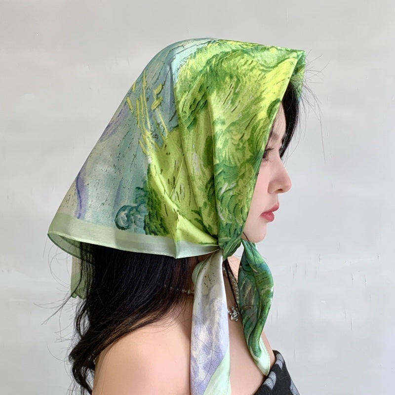 Small square scarf, Chinese style camellia spring and autumn silk scarf for women, Korean style versatile elegant imitation silk scarf, neckscarf tie, bag, and hair tie