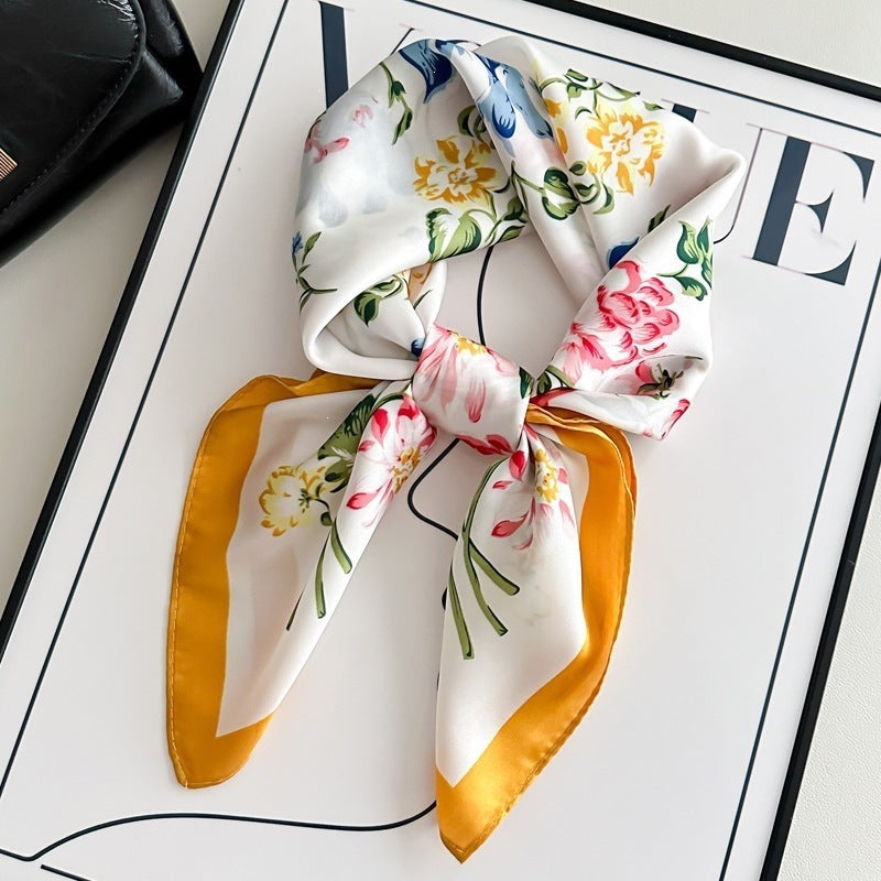 Small square scarf, Chinese style camellia spring and autumn silk scarf for women, Korean style versatile elegant imitation silk scarf, neckscarf tie, bag, and hair tie