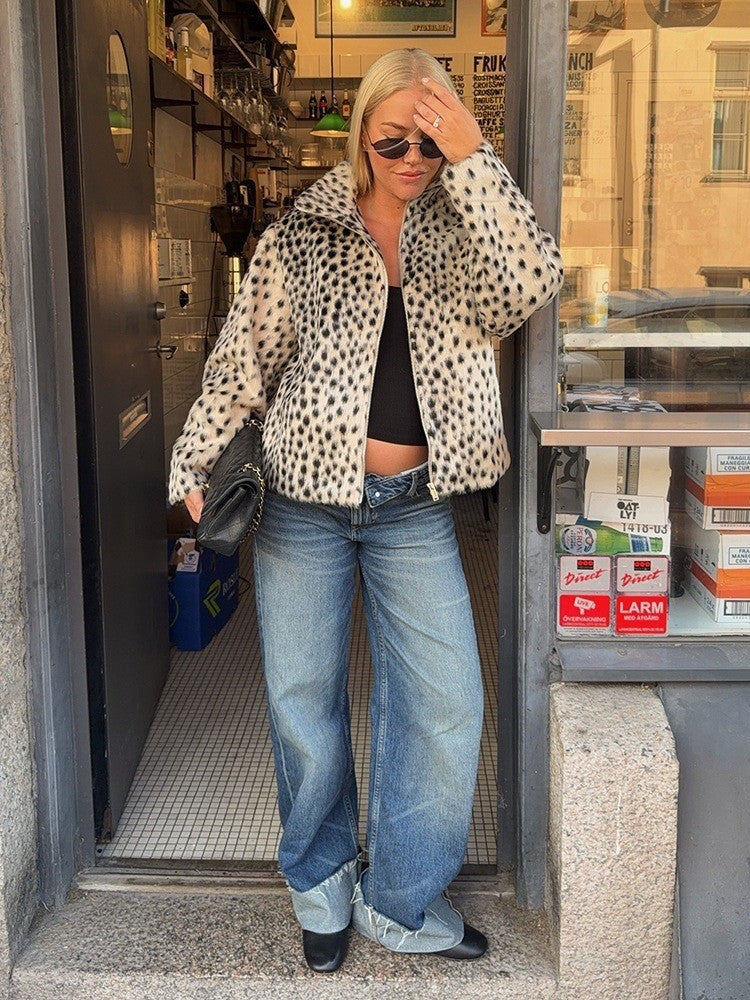 Leopard print women's long-sleeve loose autumn/winter zipper European and American vintage cross-border plush jacket, faux fur stand collar, others