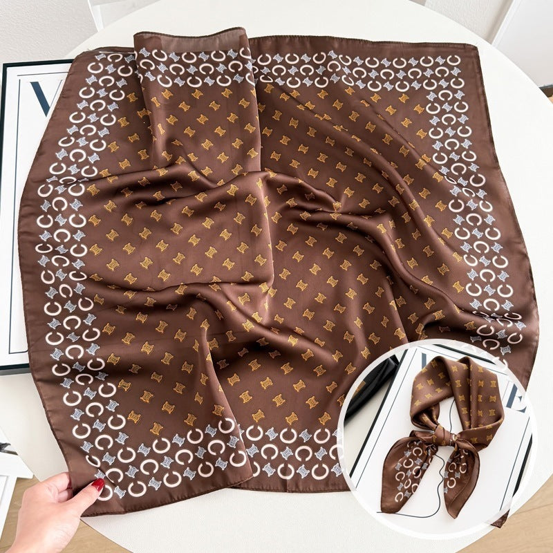 Small square scarf, Chinese style camellia spring and autumn silk scarf for women, Korean style versatile elegant imitation silk scarf, neckscarf tie, bag, and hair tie
