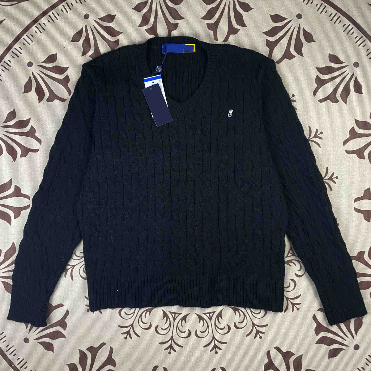 RL Rough Pony Logo Autumn/Winter Cable Twist V-neck Knit Top for Women, Available for Scanning, Embroidered Knit Sweater, Women's Top