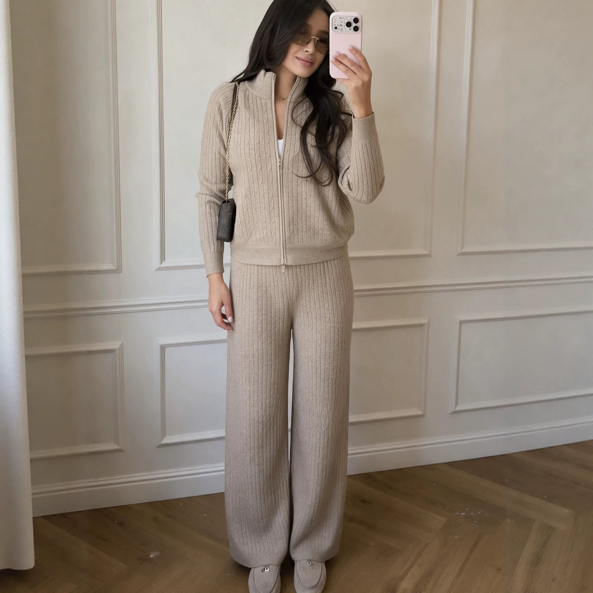Knitted Two-Piece Outfit: Cross-border braided zipper cardigan + pants two-piece set for women