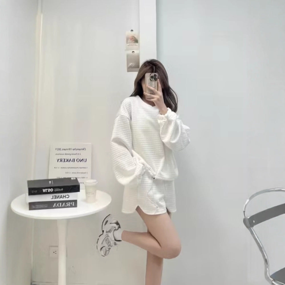 Japanese and Korean Lazy Style Long Sleeve and Shorts Set, Women's 2025 Autumn/Winter New Loose Plus Size Drawstring Sweatshirt Two-Piece Set