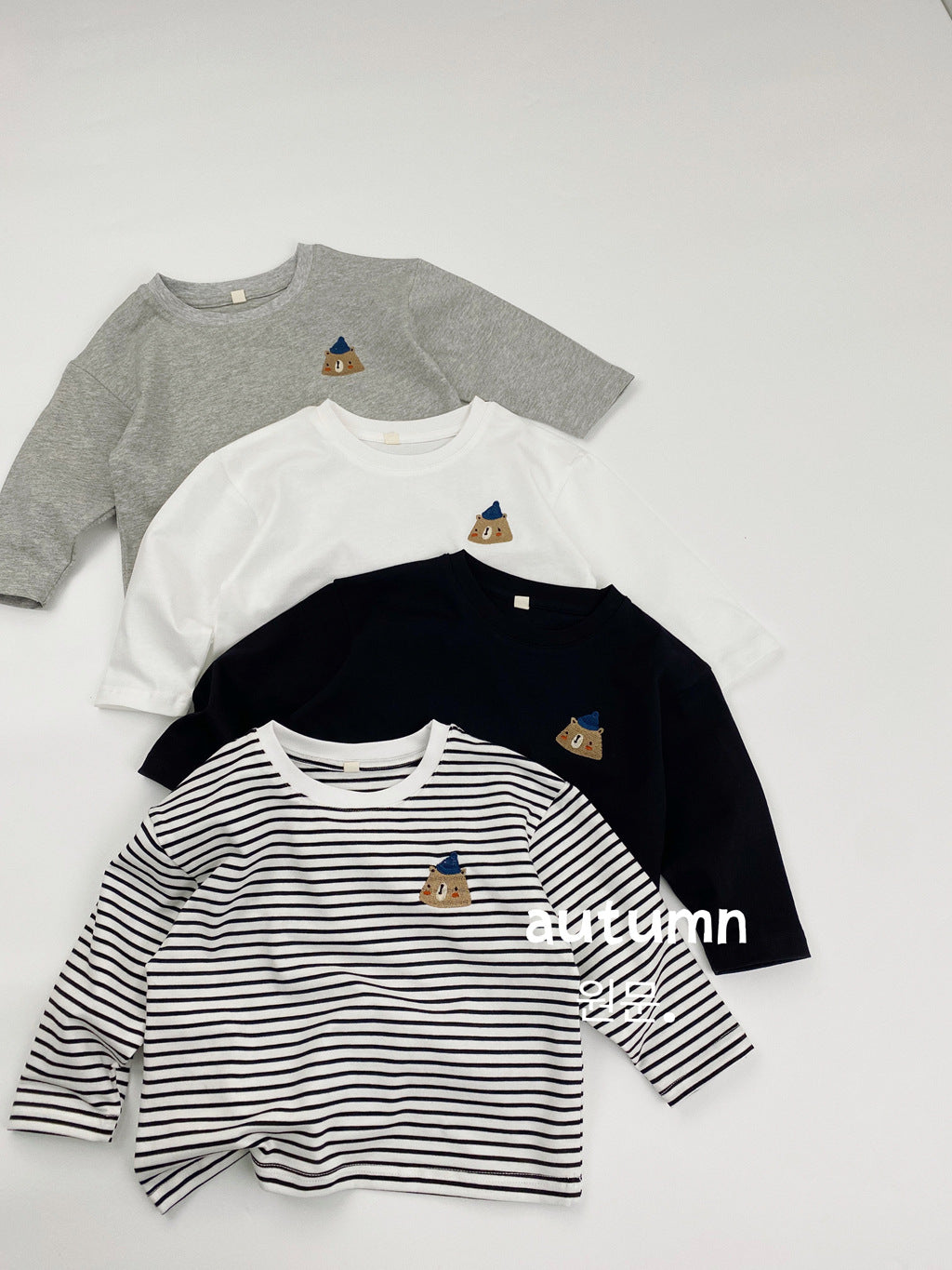 Children's T-shirt long sleeve autumn new Korean version boys' and girls' cartoon embroidered striped base shirt solid color versatile top