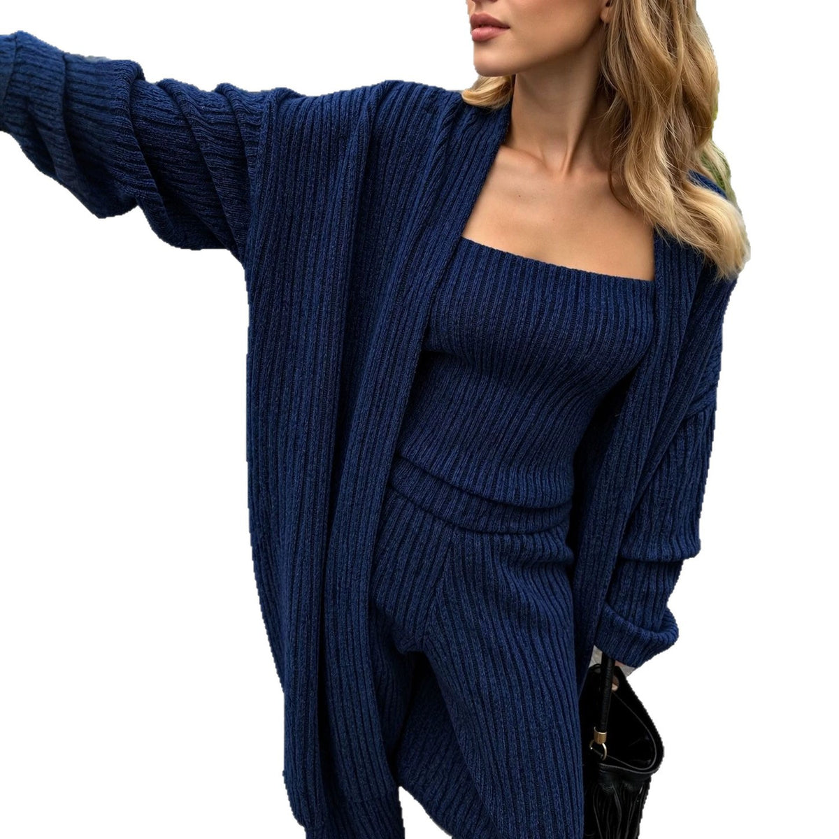 2026 Autumn/Winter European and American high-end knit strapless tank top, high-waist wide-leg pants, loose long cardigan, three-piece set for women