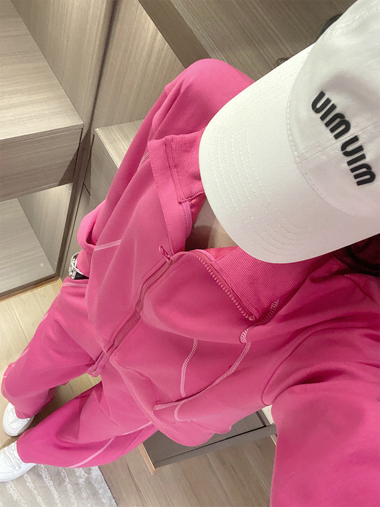 Premium casual sports set for women, autumn 2024 new zipper rose sweatshirt, fashionable and stylish two-piece collar set