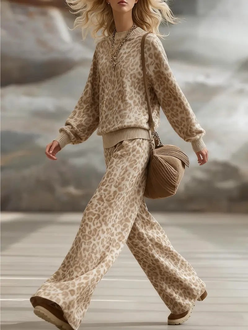 Fall/Winter 2025 Europe, America, Amazon cross-border light brown leopard print suit, long-sleeved slim sweatshirt, retro slacks, women