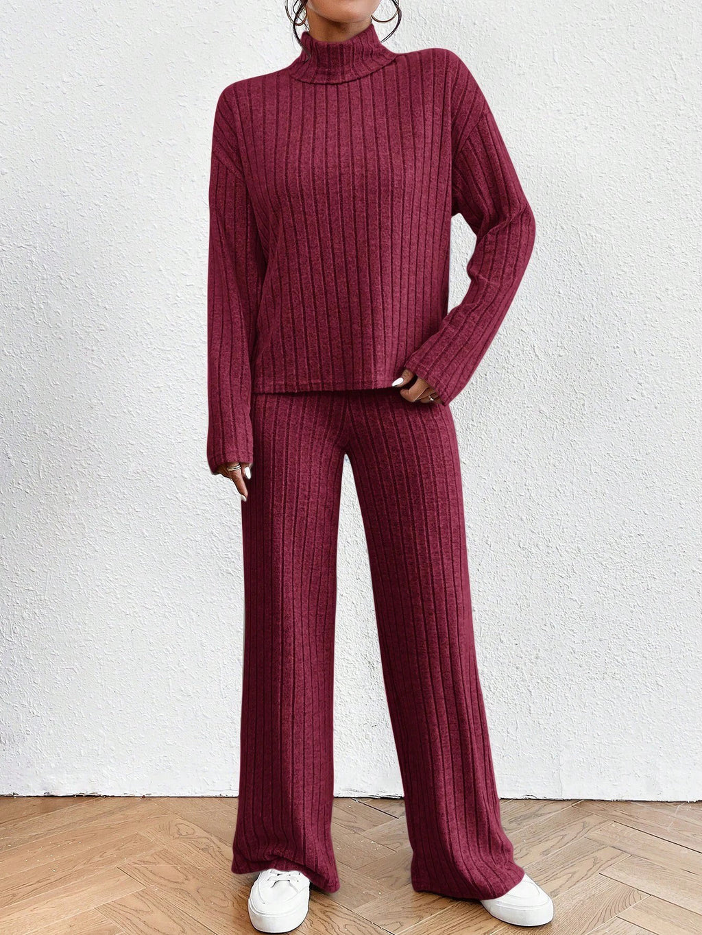 European and American autumn and winter cross-border new fashion women's high neck simple casual long-sleeve sweatshirt straight-leg pants set