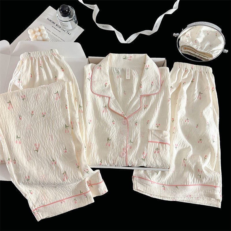 2025 New HelloKitty Cotton Gauze Pajamas Women's Summer Short Sleeve Long Pants Three-Piece Loungewear