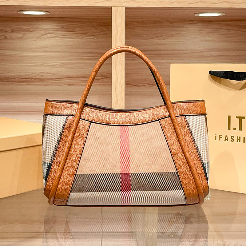 European and American fashion genuine leather large-capacity handbag, plaid tote bag, 2026 new style, women's single shoulder crossbody bag