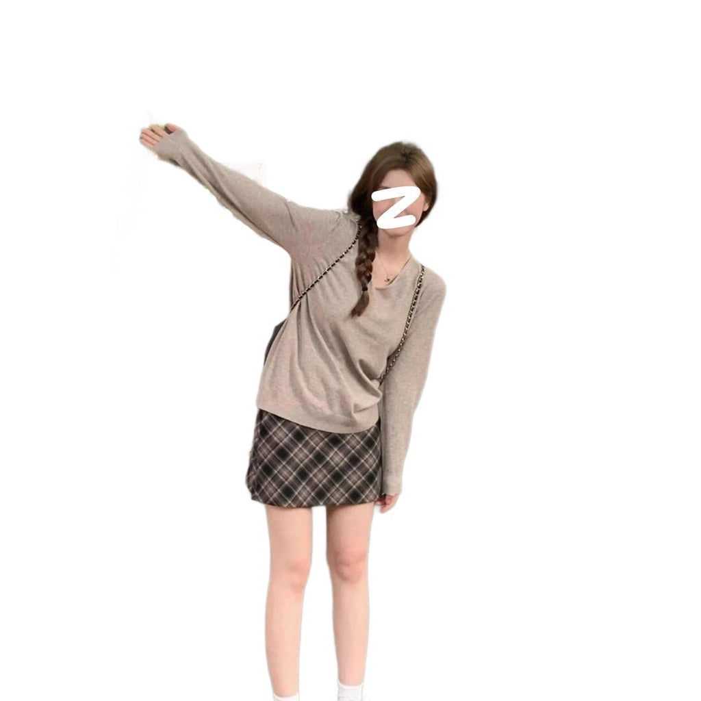 Autumn and winter Korean V-neck long-sleeve knit top for women, loose, slimming, solid color, versatile basic base top for outerwear