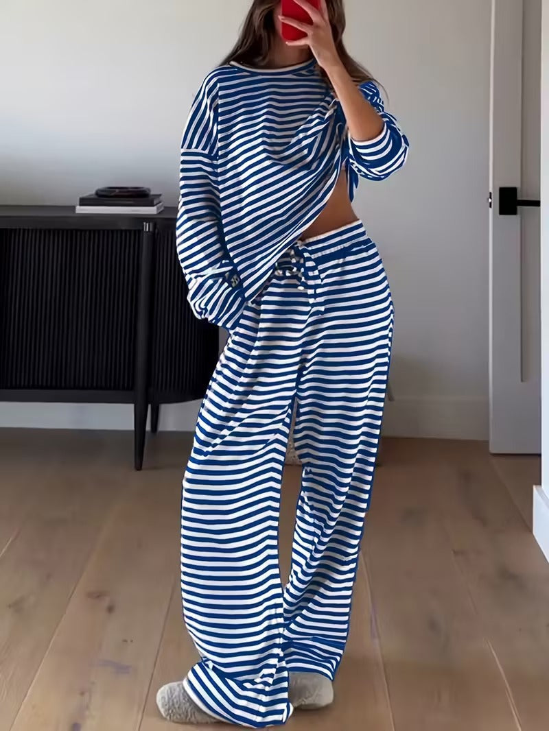 Amazon European and American women's hot-selling 2026 autumn striped long-sleeve tops, high-waisted pants, women's fashion casual sets