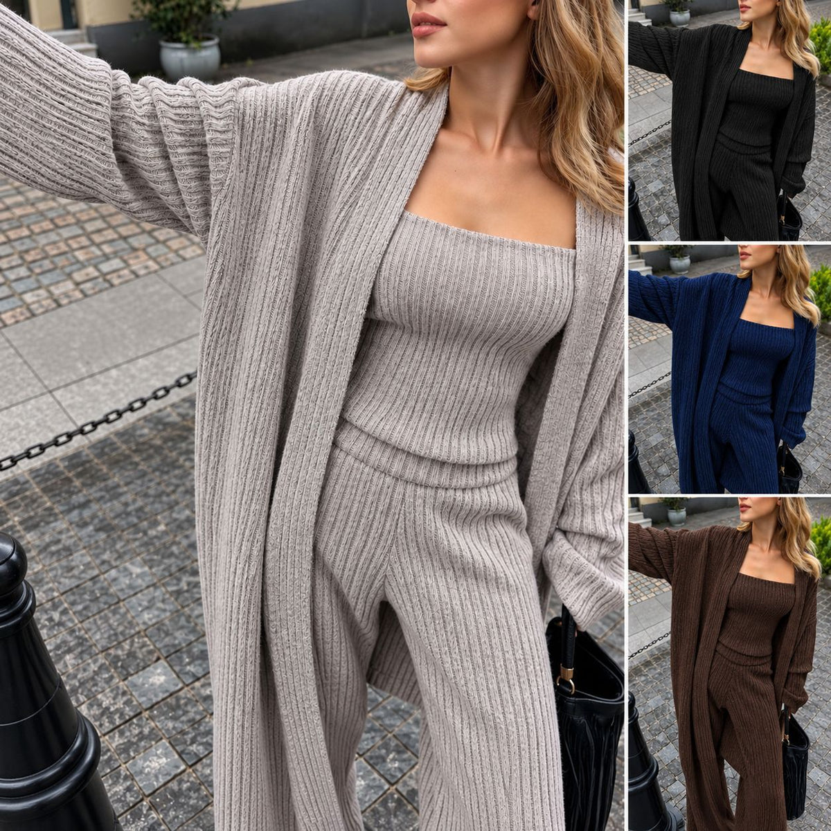 2026 Autumn/Winter European and American high-end knit strapless tank top, high-waist wide-leg pants, loose long cardigan, three-piece set for women