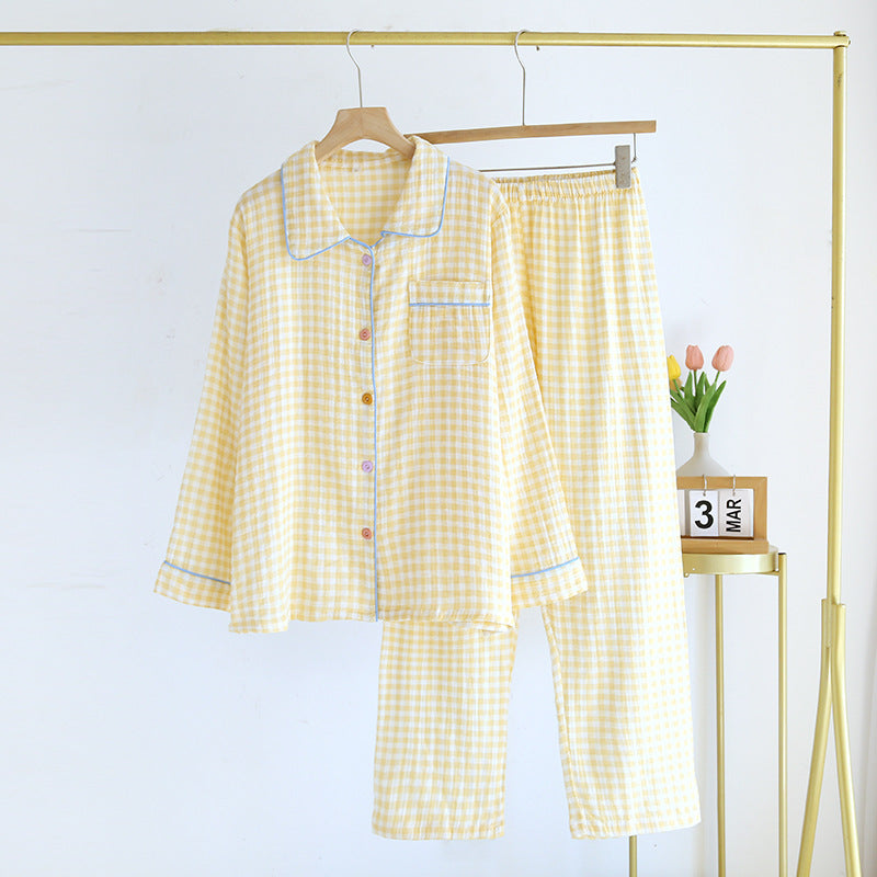 Bubble cotton pajamas, spring and autumn long women's long-sleeve floral thin lapel loungewear set, summer pure cotton pajamas