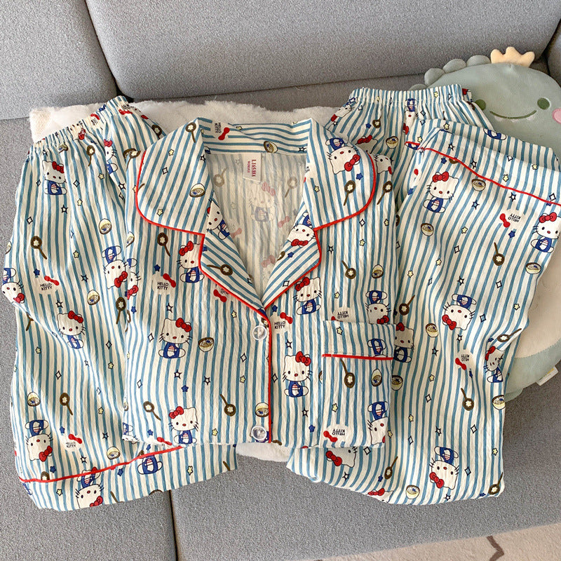 2025 New HelloKitty Cotton Gauze Pajamas Women's Summer Short Sleeve Long Pants Three-Piece Loungewear