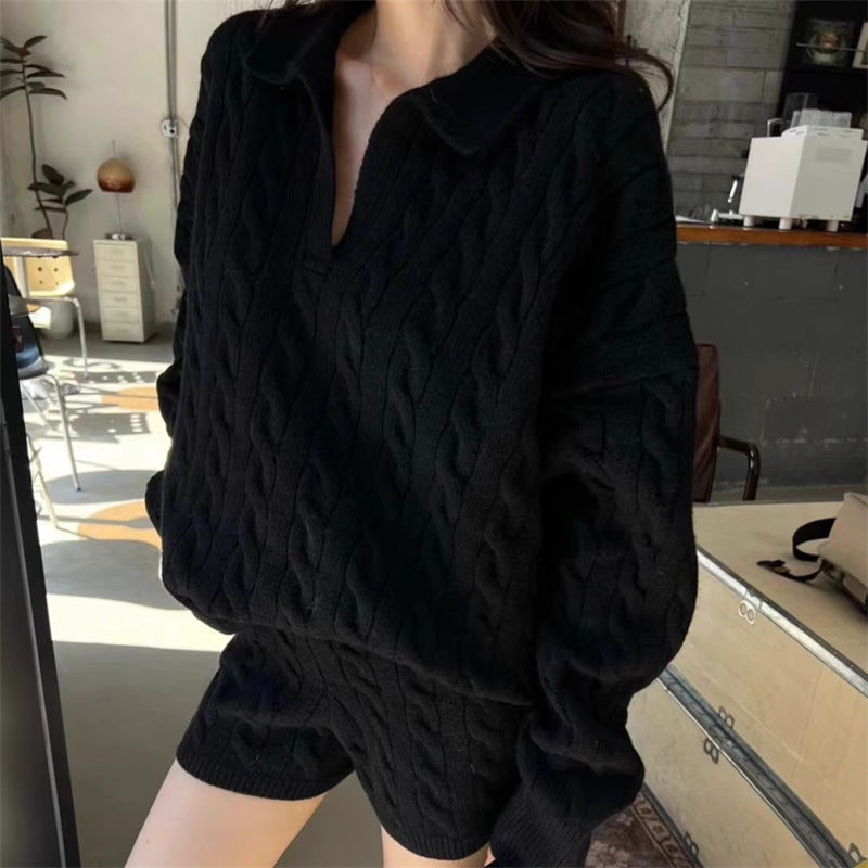 Cross-border Korean version of lapel slimming polo collar twist knitted sweater women's autumn and winter new high-waisted shorts two-piece set