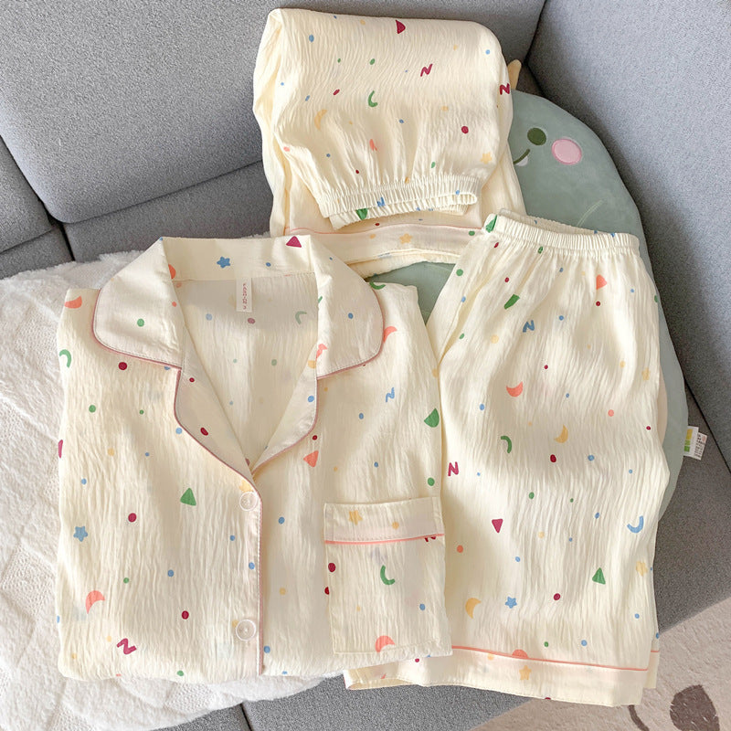2025 New HelloKitty Cotton Gauze Pajamas Women's Summer Short Sleeve Long Pants Three-Piece Loungewear