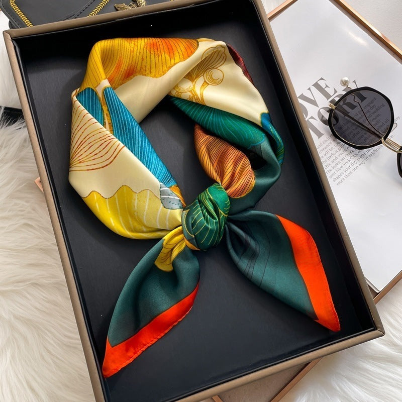 Small square scarf, Chinese style camellia spring and autumn silk scarf for women, Korean style versatile elegant imitation silk scarf, neckscarf tie, bag, and hair tie