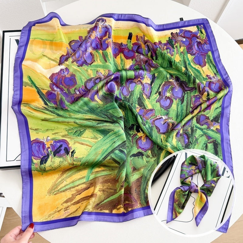 Small square scarf, Chinese style camellia spring and autumn silk scarf for women, Korean style versatile elegant imitation silk scarf, neckscarf tie, bag, and hair tie