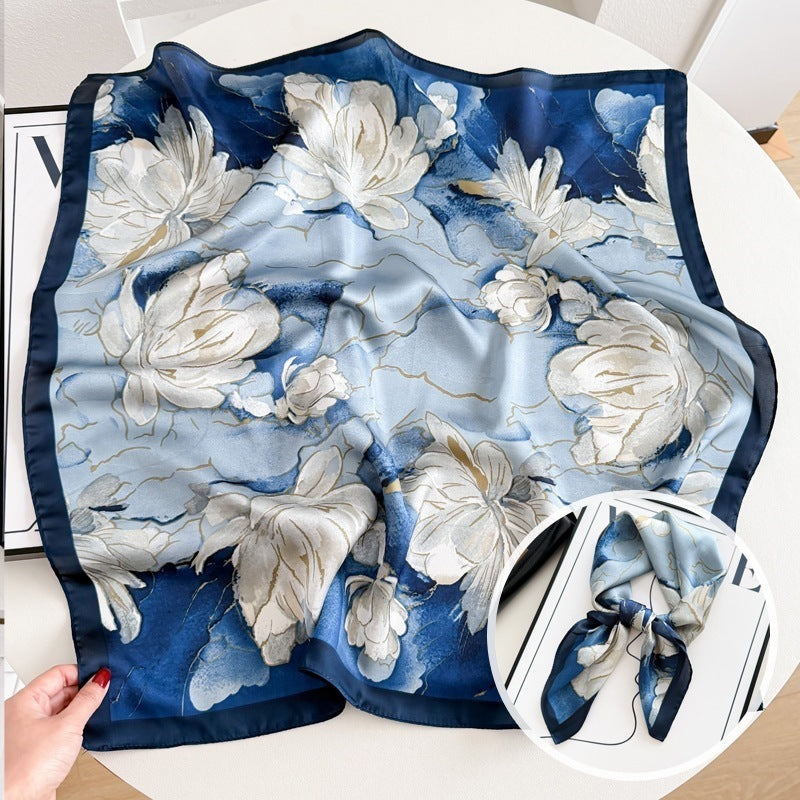 Small square scarf, Chinese style camellia spring and autumn silk scarf for women, Korean style versatile elegant imitation silk scarf, neckscarf tie, bag, and hair tie