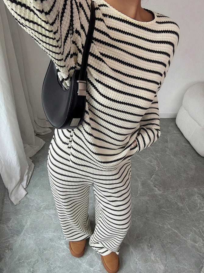 2026 European and American Cross-border Women's Wear Amazon Independent Site Autumn/Winter New Striped Crew Neck Long Sleeve and Long Pants Two-Piece Set