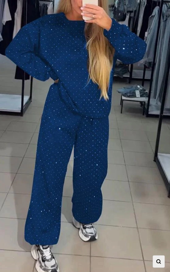 2024 European and American cross-border autumn and winter hot women's casual round neck, long sleeves, hot diamond, drawstring and leg two-piece suit