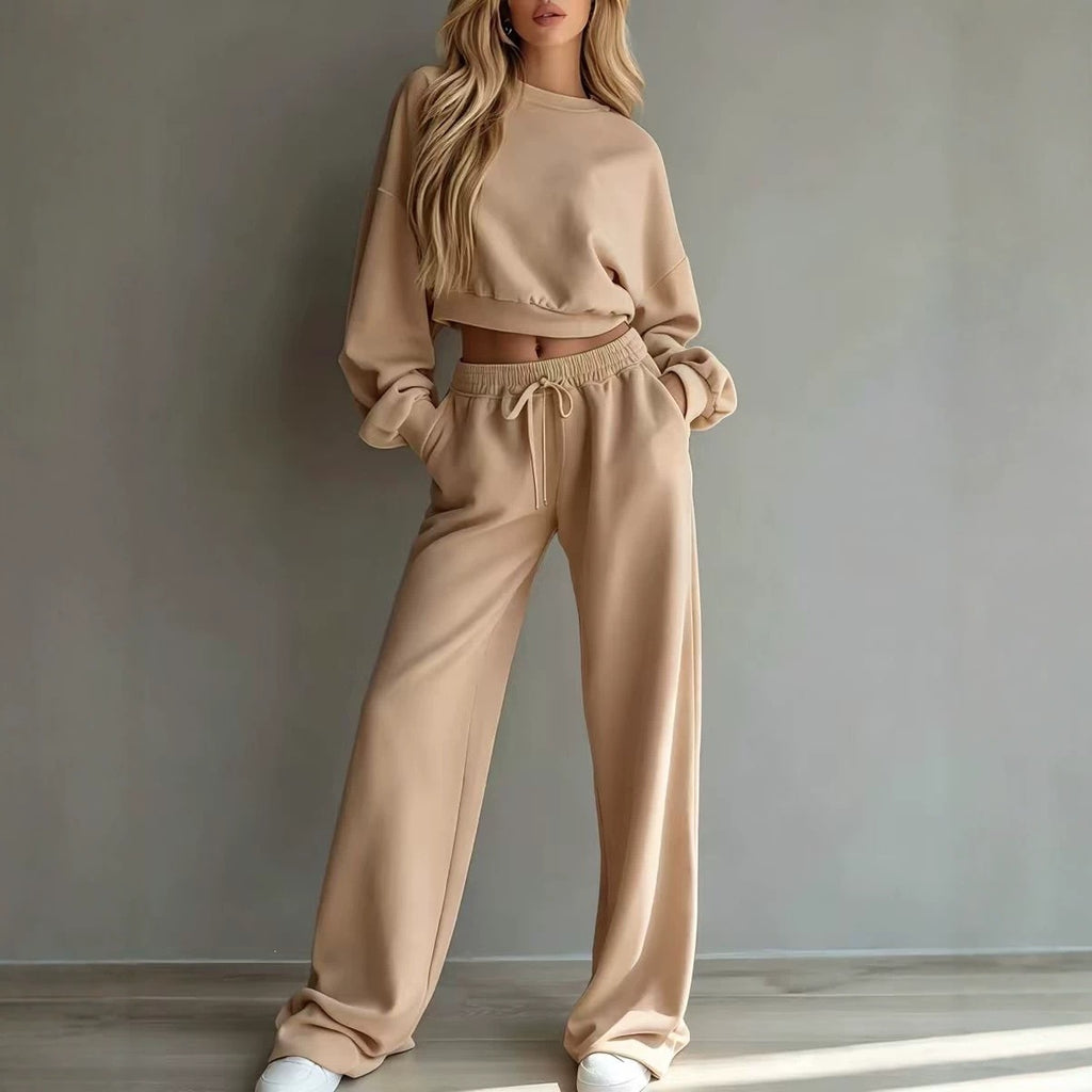 2026 cross-border European and American new autumn/winter casual ultra-short crew neck long-sleeve sweatshirt and wide-leg pants set for women