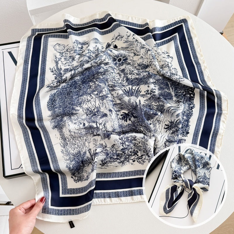 Small square scarf, Chinese style camellia spring and autumn silk scarf for women, Korean style versatile elegant imitation silk scarf, neckscarf tie, bag, and hair tie