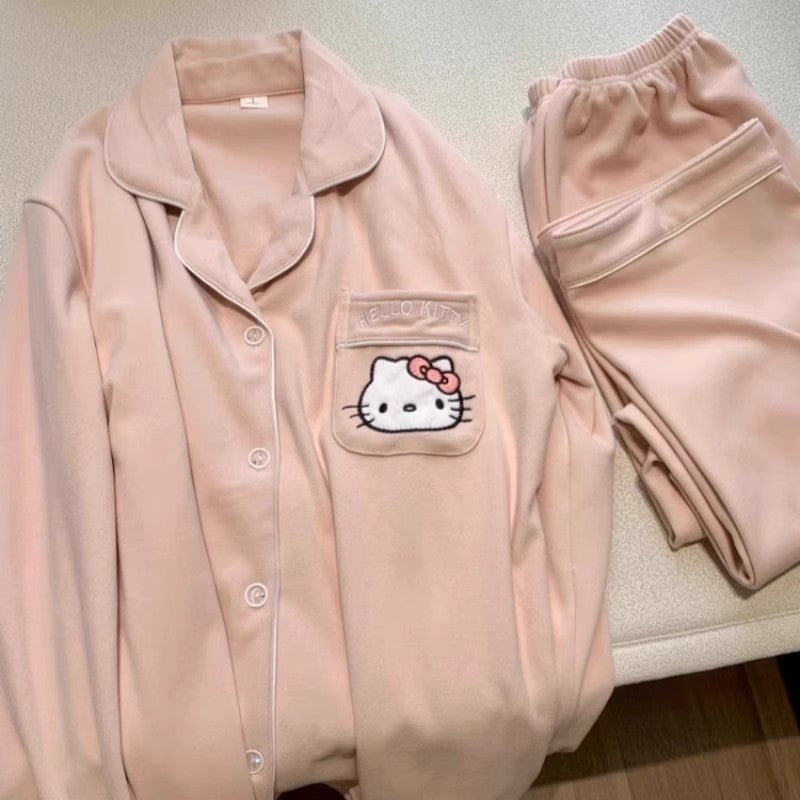 HelloKitty Velvet Pajamas Women's Autumn and Winter Coral Velvet Thickened Long Sleeve Spring and Autumn Loungewear Set
