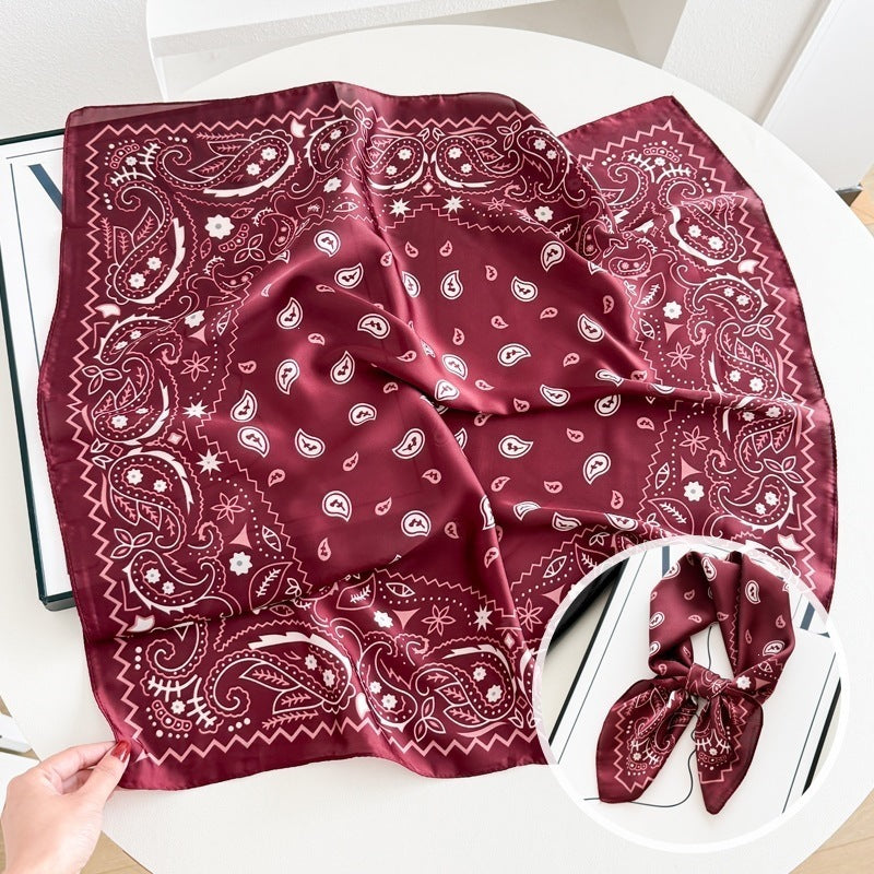 Small square scarf, Chinese style camellia spring and autumn silk scarf for women, Korean style versatile elegant imitation silk scarf, neckscarf tie, bag, and hair tie
