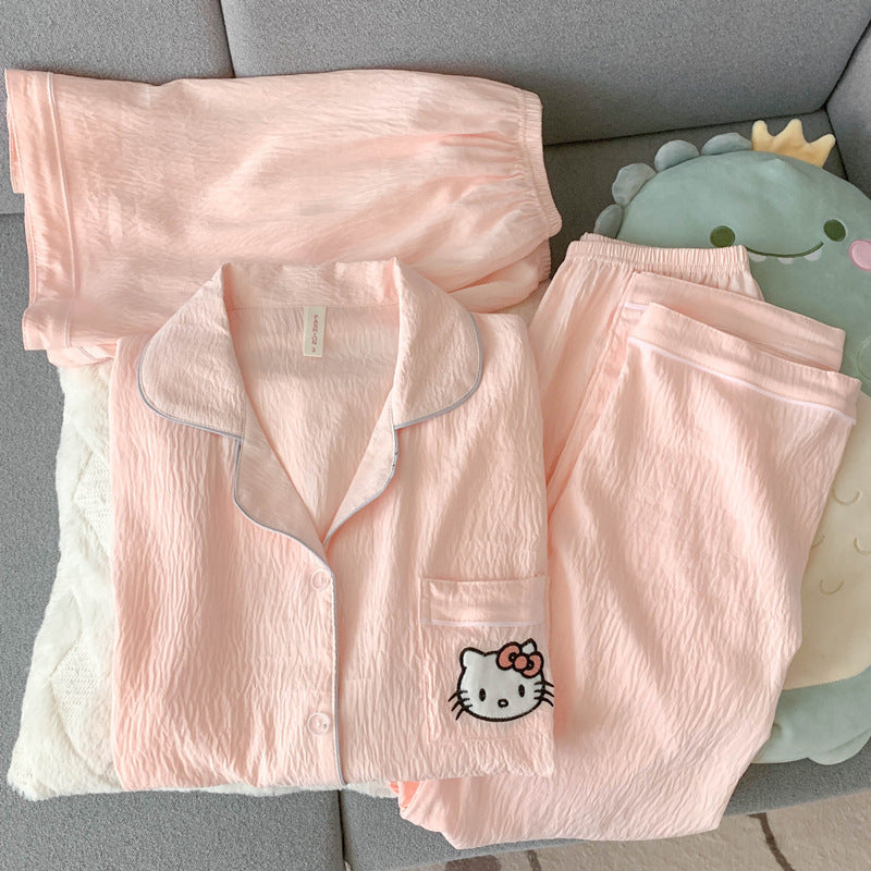 2025 New HelloKitty Cotton Gauze Pajamas Women's Summer Short Sleeve Long Pants Three-Piece Loungewear