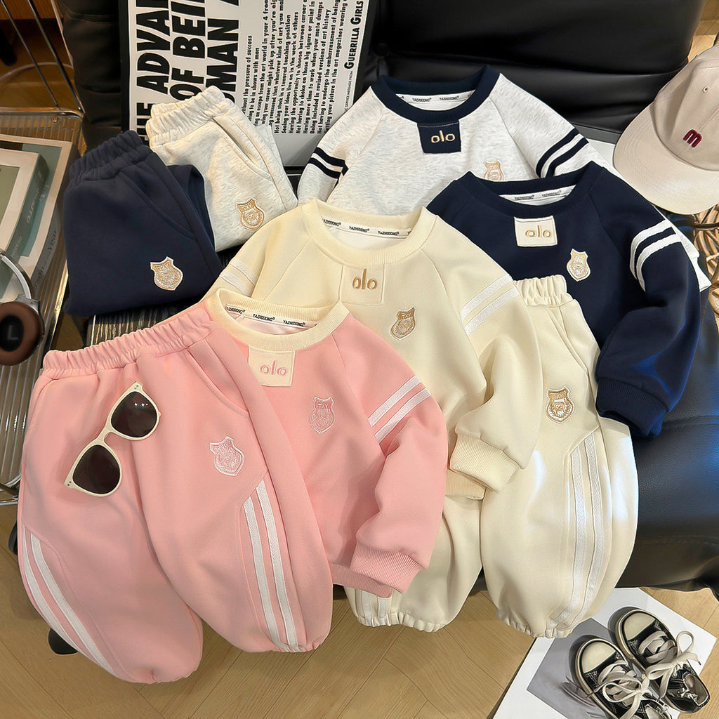 Boys' autumn and spring children's new crew neck sports sweatshirt two-piece set, side stripe sweatshirt casual set for women