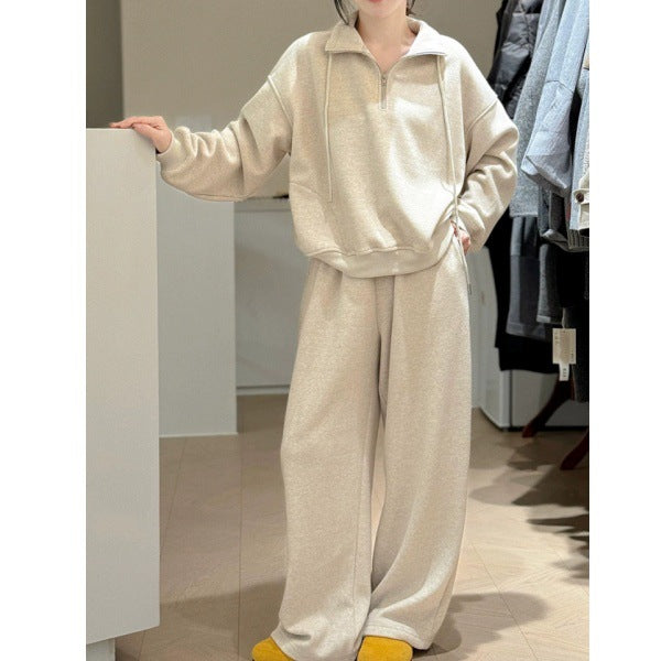 2026 Fashion Sportswear Set: Fleece-Lined Thickened Stand Collar Half Zipper Sweatshirt and Pants, Youthful Design Two-Piece Set for Women